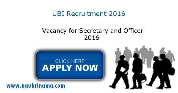 Job Alert – UBI Vacancy for Secretary and others 2016
