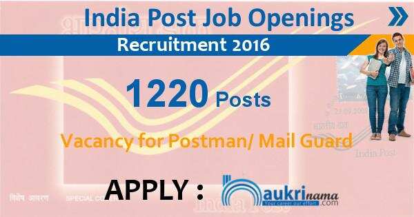 Job Alert- India Post Vacancy 2016 for Postman/ Mailguard– 1220 Posts