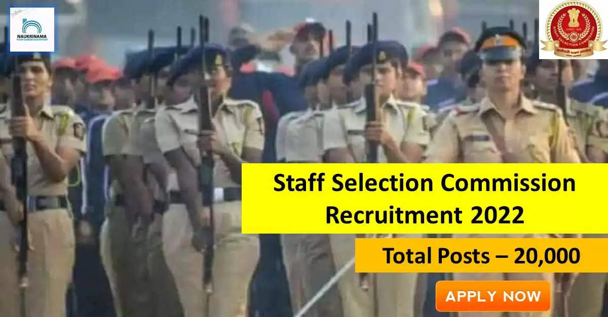 SSC Recruitment 2022: A great opportunity has come out to get a job (Sarkari Naukri) in Staff Selection Commission (SSC). SSC has invited applications to fill Group B, C posts (SSC Recruitment 2022). Interested and eligible candidates who want to apply for these vacancies (SSC Recruitment 2022) can apply by visiting the official website of SSC https://ssc.nic.in/. The last date to apply for these posts (SSC Recruitment 2022) is 08 October.  Apart from this, candidates can also directly apply for these posts (SSC Recruitment 2022) by clicking on this official link https://ssc.nic.in/. If you want more detail information related to this recruitment, then you can see and download the official notification (SSC Recruitment 2022) through this link SSC Recruitment 2022 Notification PDF. A total of 20,000 posts will be filled under this recruitment (SSC Recruitment 2022) process.  Important Dates for SSC Recruitment 2022  Starting date of online application - 17 September  Last date to apply online - 08 October  SSC Recruitment 2022 Vacancy Details  Total No. of Posts – 20,000  Eligibility Criteria for SSC Recruitment 2022  Degree / Any Graduation  Age Limit for SSC Recruitment 2022  Candidates age limit should be between 18 to 32 years.  Salary for SSC Recruitment 2022  44,900/- to 1,42,400/- per month  Selection Process for SSC Recruitment 2022  Selection Process Candidate will be selected on the basis of written examination.  How to Apply for SSC Recruitment 2022  Interested and eligible candidates can apply through official website of SSC (https://ssc.nic.in/) latest by 08 October 2022. For detailed information regarding this, you can refer to the official notification given above.    If you want to get a government job, then apply for this recruitment before the last date and fulfill your dream of getting a government job. You can visit naukrinama.com for more such latest government jobs information.