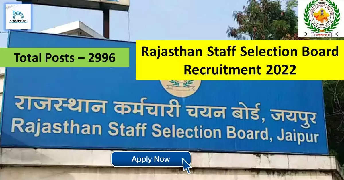 RSMSSB Recruitment 2022: A great opportunity has come out to get a job (Sarkari Naukri) in Rajasthan Staff Selection Board (RSMSSB). RSMSSB has invited applications to fill the posts of Junior Accountant, Hostel Superintendent (RSMSSB Recruitment 2022). Interested and eligible candidates who want to apply for these vacant posts (RSMSSB Recruitment 2022) can apply by visiting the official website of RSMSSB, rsmssb.rajasthan.gov.in. The last date to apply for these posts (RSMSSB Recruitment 2022) is October 21.  Apart from this, candidates can also directly apply for these posts (RSMSSB Recruitment 2022) by clicking on this official link rsmssb.rajasthan.gov.in. If you need more detail information related to this recruitment, then you can see and download the official notification (RSMSSB Recruitment 2022) through this link RSMSSB Recruitment 2022 Notification PDF. A total of 2996 posts will be filled under this recruitment (RSMSSB Recruitment 2022) process.  Important Dates for RSMSSB Recruitment 2022  Starting date of online application - 22 September  Last date to apply online - 21 October  RSMSSB Recruitment 2022 Vacancy Details  Total No. of Posts- 2996  Eligibility Criteria for RSMSSB Recruitment 2022  Diploma, CA, Degree, LLB, BE/B.Tech, Graduation  Age Limit for RSMSSB Recruitment 2022  Candidates age limit should be between 18 to 40 years.  Salary for RSMSSB Recruitment 2022  as per the rules of the department  Selection Process for RSMSSB Recruitment 2022  Selection Process Candidate will be selected on the basis of written examination.  How to Apply for RSMSSB Recruitment 2022  Interested and eligible candidates can apply through official website of RSMSSB (rsmssb.rajasthan.gov.in) latest by 21 October 2022. For detailed information regarding this, you can refer to the official notification given above.    If you want to get a government job, then apply for this recruitment before the last date and fulfill your dream of getting a government job. You can visit naukrinama.com for more such latest government jobs information.