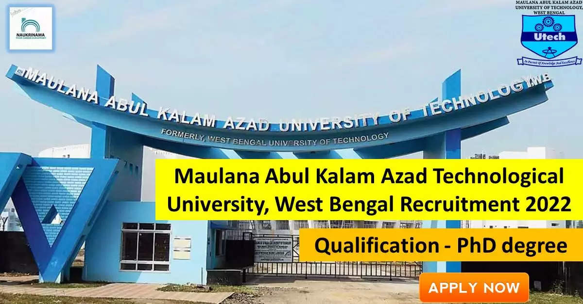 Government Jobs 2022 - Maulana Abul Kalam Azad Technological University, West Bengal (WBUT) has invited applications from young and eligible candidates to fill the post of Guest Faculty. If you have obtained PhD degree and you are looking for government job for many days, then you can apply for these posts. Important Dates and Notifications – Post Name - Guest Faculty Total Posts – Last Date – 20 September 2022 Location - West Bengal Maulana Abul Kalam Azad Technological University, West Bengal (WBUT) Post Details 2022 Age Range - The minimum age and maximum age of the candidates will be valid as per the rules of the department and age relaxation will be given to the reserved category. salary - The candidates who will be selected for these posts will be given salary as per the rules of the department. Qualification - Candidates should have PhD degree from any recognized institute and have experience in the relevant subject. Selection Process Candidate will be selected on the basis of written examination. How to apply - Eligible and interested candidates may apply online on prescribed format of application along with self restrictive copies of education and other qualification, date of birth and other necessary information and documents and send before due date. Official Site of Maulana Abul Kalam Azad Technological University, West Bengal (WBUT) Download Official Release From Here Get information about more government jobs in West Bengal from here