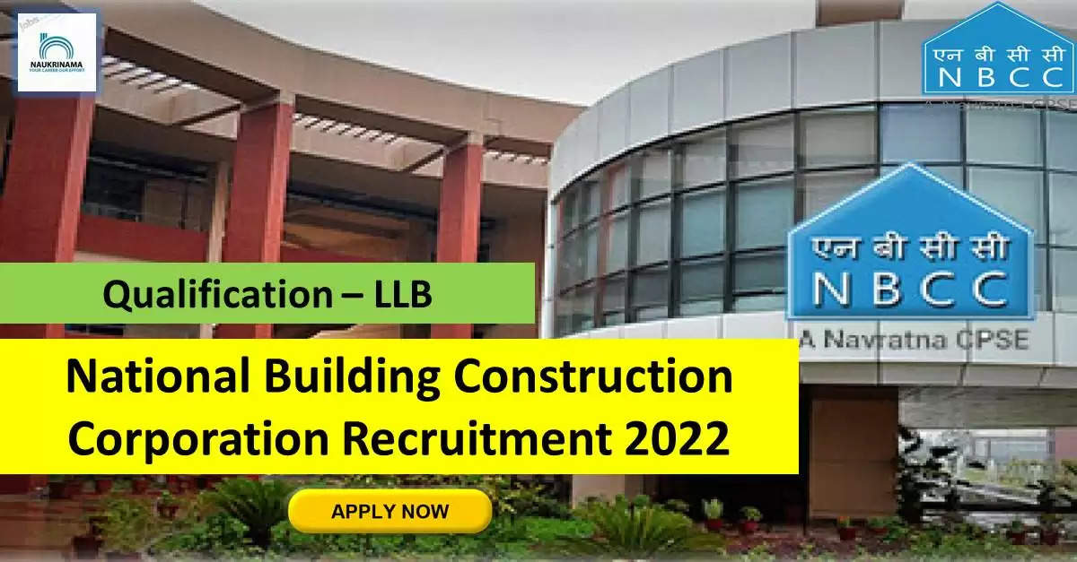 Government Jobs 2022 - National Building Construction Corporation (NBCC) has invited applications from young and eligible candidates to fill the post of General Manager. If you have obtained degree in LLB and you are looking for government job since many days, then you can apply for these posts. Important Dates and Notifications – Post Name - General Manager Total Posts – 1 Last Date – 28 September 2022 Location - New Delhi National Building Construction Corporation (NBCC) Post Details 2022 Age Range - The maximum age of the candidates will be 40 years and there will be relaxation in the age limit for the reserved category. salary - The candidates who will be selected for these posts will be given a salary of 90,000/- to 2,40,000/- per month. Qualification - Candidates should have degree in LLB from any recognized institute and experience in relevant subject. Selection Process Candidate will be selected on the basis of written examination. How to apply - Eligible and interested candidates may apply online on prescribed format of application along with self restrictive copies of education and other qualification, date of birth and other necessary information and documents and send before due date. Official Site of National Building Construction Corporation (NBCC) Download Official Release From Here Get information about more government jobs in New Delhi from here