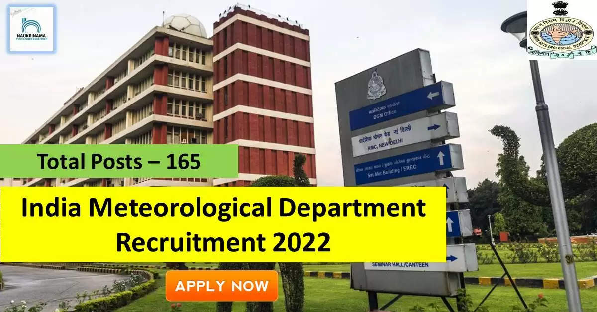 Government Jobs 2022 - India Meteorological Department (IMD) has invited applications from young and eligible candidates to fill the post of JRF/SRF, Project Scientist. If you have obtained degree, BE / B.Tech, ME / M.Tech, Masters degree, MSc, MS, Ph.D degree and you are looking for government jobs for many days, then you can apply for these posts. can do. Important Dates and Notifications – Post Name - JRF/SRF, Project Scientist Total Posts – 165 Last Date – 09 October 2022 Location - New Delhi, Maharashtra India Meteorological Department (IMD) Post Details 2022 Age Range - The maximum age of the candidates will be 45 years and there will be relaxation in the age limit for the reserved category. salary - The candidates who will be selected for these posts will be given 31,000/- to 78,000/- per month salary. Qualification - Candidates should possess Degree, BE/B.Tech, ME/M.Tech, Masters Degree, MSc, MS, Ph.D Degree from any recognized institute and experience in relevant subject. Selection Process Candidate will be selected on the basis of written examination. How to apply - Eligible and interested candidates may apply online on prescribed format of application along with self restrictive copies of education and other qualification, date of birth and other necessary information and documents and send before due date. Official site of India Meteorological Department (IMD) Download Official Release From Here Get information about more government jobs in New Delhi from here