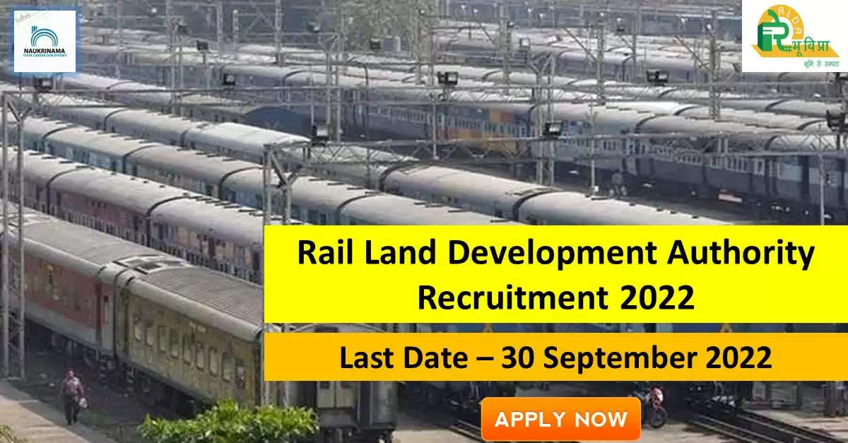 Government Jobs 2022 - Rail Land Development Authority (RLDA) has invited applications from young and eligible candidates to fill the post of Chief Project Manager, General Manager. If you have obtained a degree and you are looking for a government job for many days, then you can apply for these posts. Important Dates and Notifications – Post Name – Chief Project Manager, General Manager Total Posts – 3 Last Date – 30 September 2022 Location - New Delhi, Assam Rail Land Development Authority (RLDA) Post Details 2022 Age Range - The minimum age and maximum age of the candidates will be valid as per the rules of the department and age relaxation will be given to the reserved category. salary - The candidates who will be selected for these posts will be given salary as per the rules of the department. Qualification - Candidates should have a degree from any recognized institute and have experience in the relevant subject. Selection Process Candidate will be selected on the basis of written examination. How to apply - Eligible and interested candidates may apply online on prescribed format of application along with self restrictive copies of education and other qualification, date of birth and other necessary information and documents and send before due date. Official Site of Rail Land Development Authority (RLDA) Download Official Release From Here Get information about more government jobs in New Delhi from here