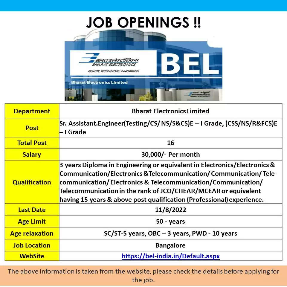 Bharat Electronics Limited Senior Assistant Engineer Recruitment 2022: Advertisement for the post of Senior Assistant Engineer in Bharat Electronics Limited . Candidates are advised to read the details, and eligibility criteria mentioned below for this vacancy. Candidates must check their eligibility i.e. educational qualification, age limit, experience and etc. The eligible candidates can submit their application directly before 11 August 2022.