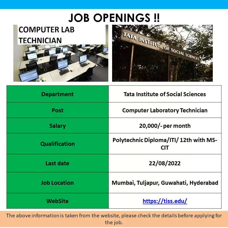TISS Recruitment 2022 Apply Online TISS Computer Laboratory Technician vacancy 2022 online application form available at tiss.edu 