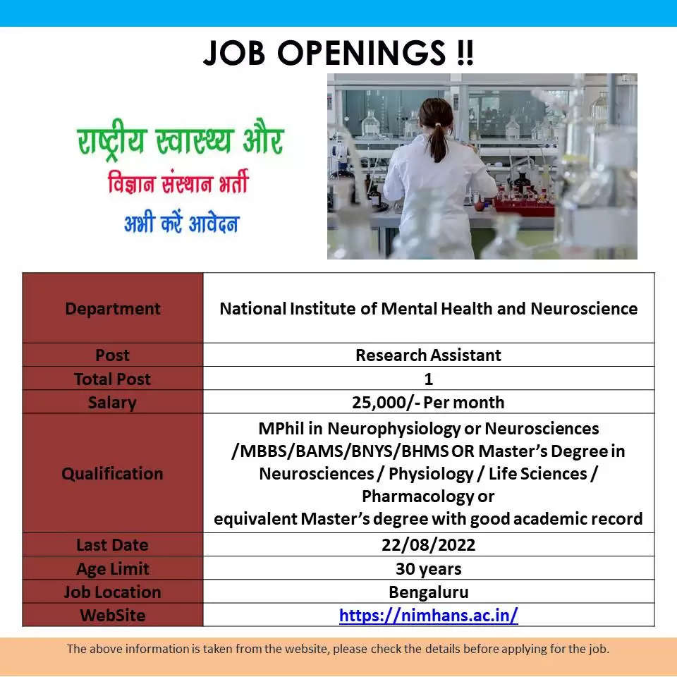 National Institute of Mental Health and Neuro Sciences Research Assistant Recruitment 2022: Advertisement for the post of Research Assistant in National Institute of Mental Health and Neuro Sciences. Candidates are advised to read the details, and eligibility criteria mentioned below for this vacancy. Candidates must check their eligibility i.e. educational qualification, age limit, experience and etc. The eligible candidates can submit their application directly before 22 August 2022.