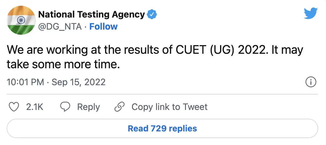CUET UG Result 2022 : Result declaration may take some more time, tweets NTA