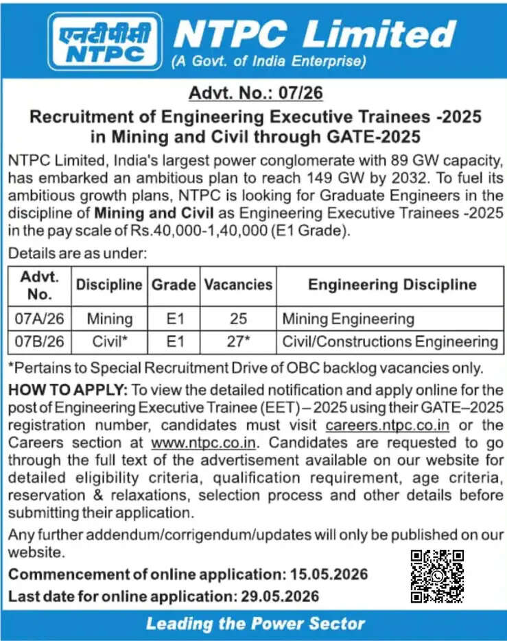 Apply Now: NTPC Engineering Executive Trainee Recruitment 2026 via GATE 2025