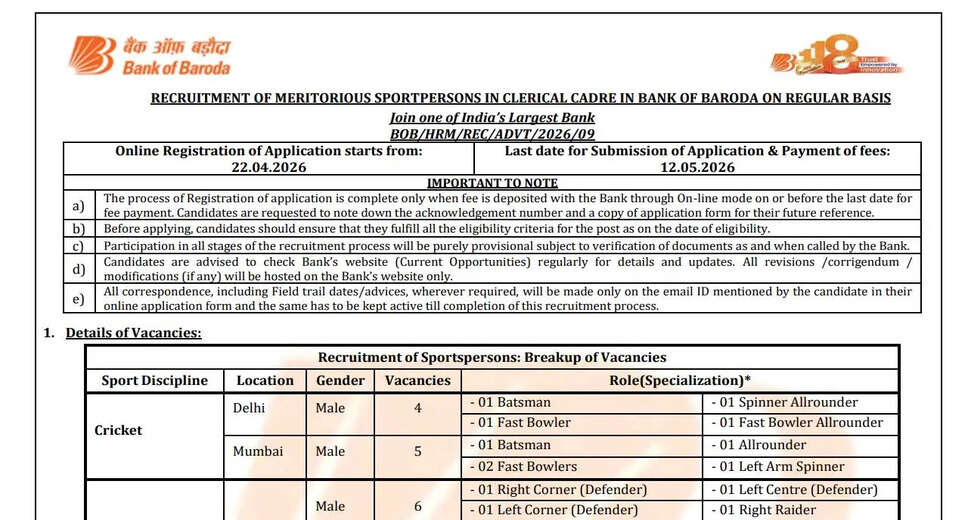 Apply Now: Bank of Baroda Sportsperson Recruitment 2026 for 30 Positions