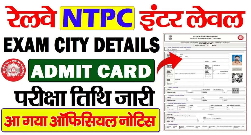 Details for RRB NTPC 10+2 Inter Level Exam City 2025 Released