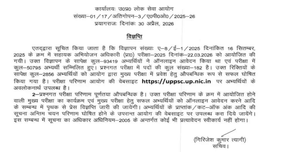 UPPSC Releases Preliminary Results for Assistant Prosecution Officer Recruitment 2025