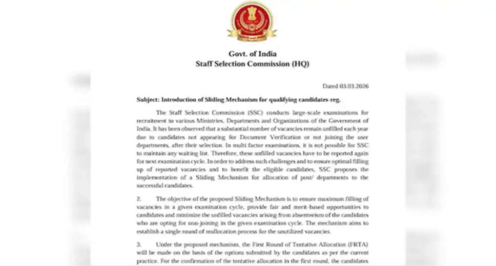 SSC Introduces Sliding Mechanism to Fill Vacant Positions in Recruitment