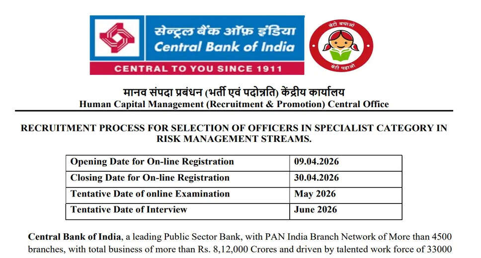Central Bank of India Recruitment 2026 for Specialist Officers in Risk Management