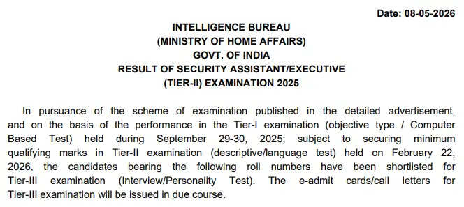 MHA IB Security Assistant Recruitment 2025: Tier II Result Now Available