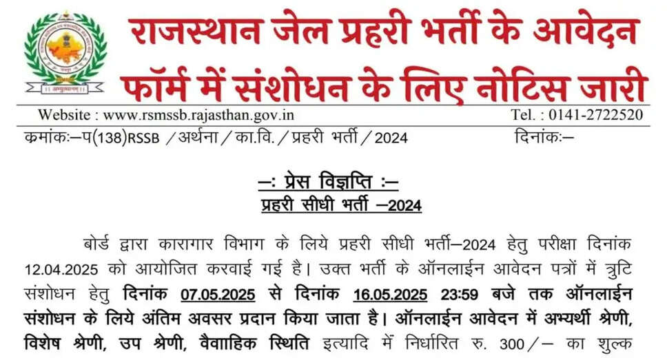 Rajasthan Jail Prahari Recruitment Form Correction Details