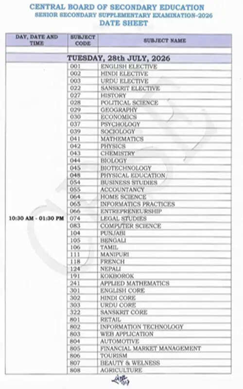 CBSE Class 12 Supplementary Exam Schedule Updated for 2026