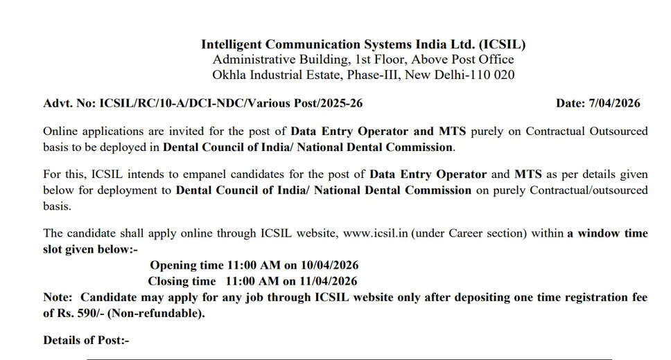 ICSIL Delhi Recruitment 2026: Apply for DEO and MTS Positions