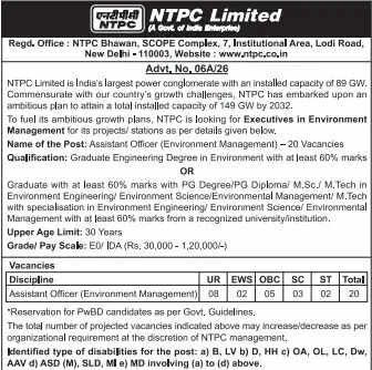 NTPC Recruitment 2026: Apply for Assistant Officer in Environment Management