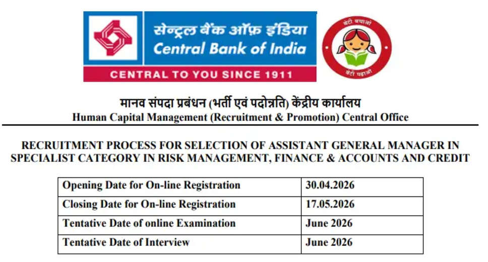 Central Bank of India AGM Specialist Recruitment 2026: Apply Now