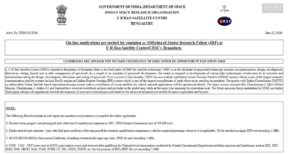 ISRO Launches Recruitment for Junior Research Fellowship in 2026