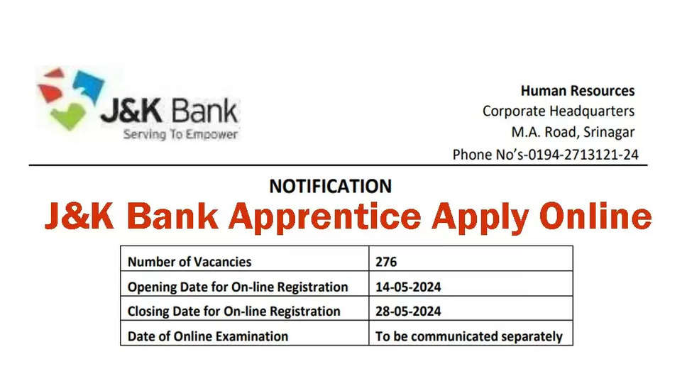 Jammu & Kashmir Bank Apprentice Recruitment 2024: Apply Now for 276 Vacancies