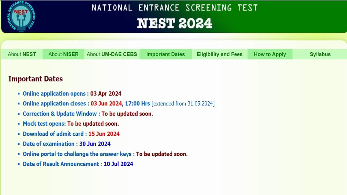 NEST 2024: Last Day for Application Correction Tomorrow @ nestexam.in; Admit Card Release Date Revealed