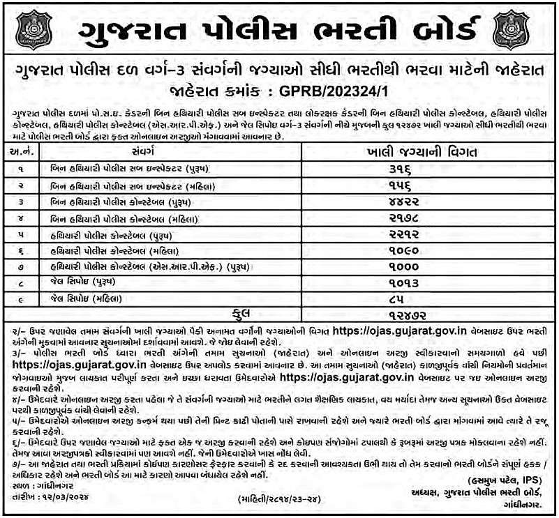 Gujarat Police Recruitment 2024: Apply Online for 12472 PSI, Constable & Jail Sepoy Posts
