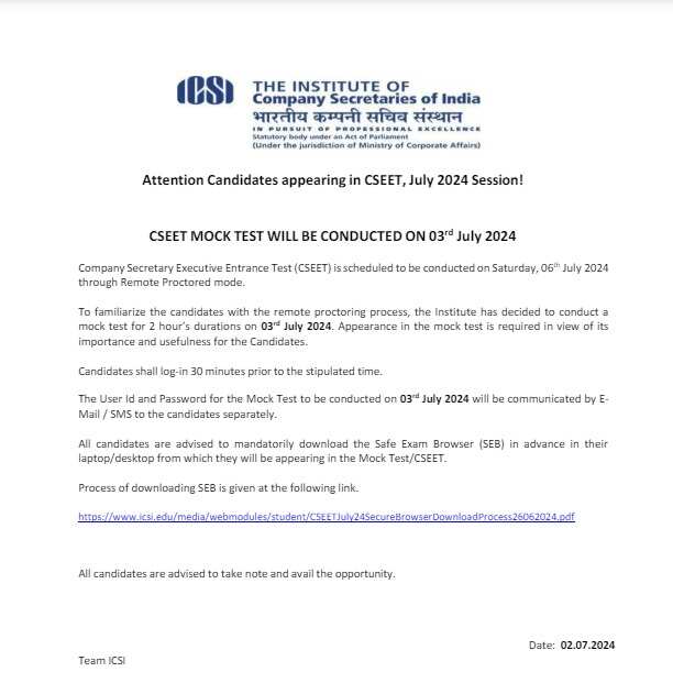 ICSI CSEET Mock Test July 2024 Live Now – Guide to Download Safe Exam Browser from icsi.edu