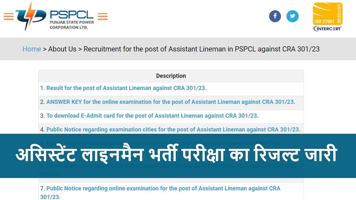 PSPCL Assistant Lineman Result 2024: Online Exam Outcome Announced