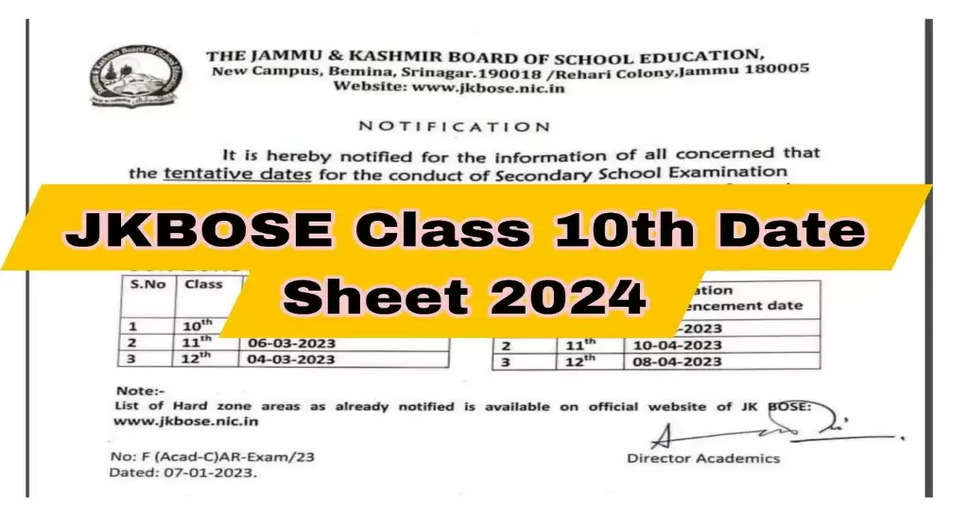 JKBOSE Releases Revised Date Sheet 2024 for Class 10, 11, 12 (Soft & Hard Zone): PDF Available for Download @jkbose.nic.in