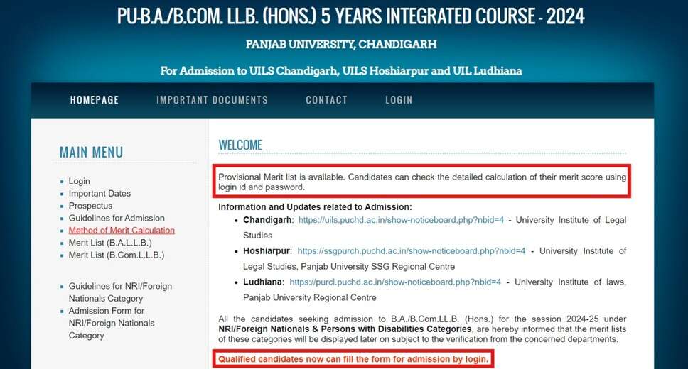 PU LLB/LLM 2024 Admission Tentative Merit List Released &ndash; View Details on onlineadmissions.puchd.ac.in