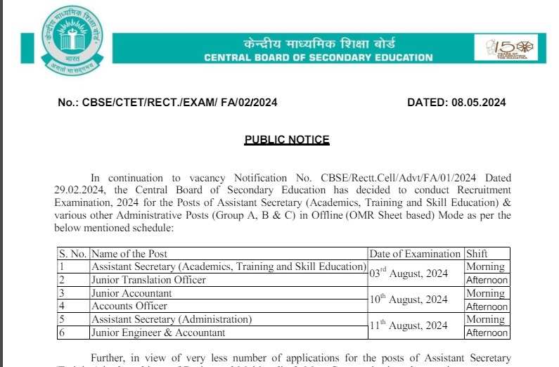 CBSE Recruitment 2024, Exam Date Out for Group A, B, C Posts