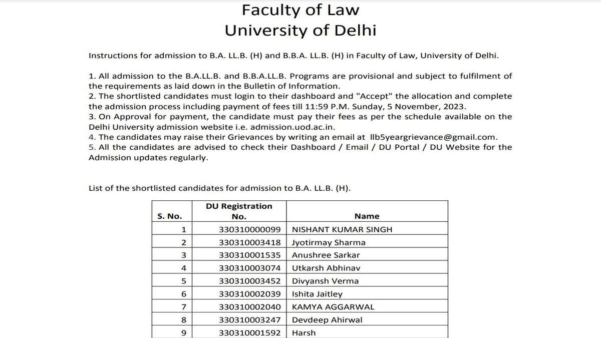 DU 5-year LLB Admission List 2023 Released, Check Here