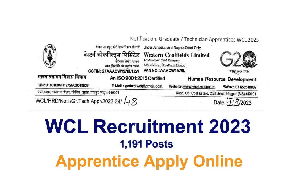 Western CoalFields Limited Apprentice Recruitment 2023: 1191 Vacancies for ITI, Graduate, and Technician Apprentices