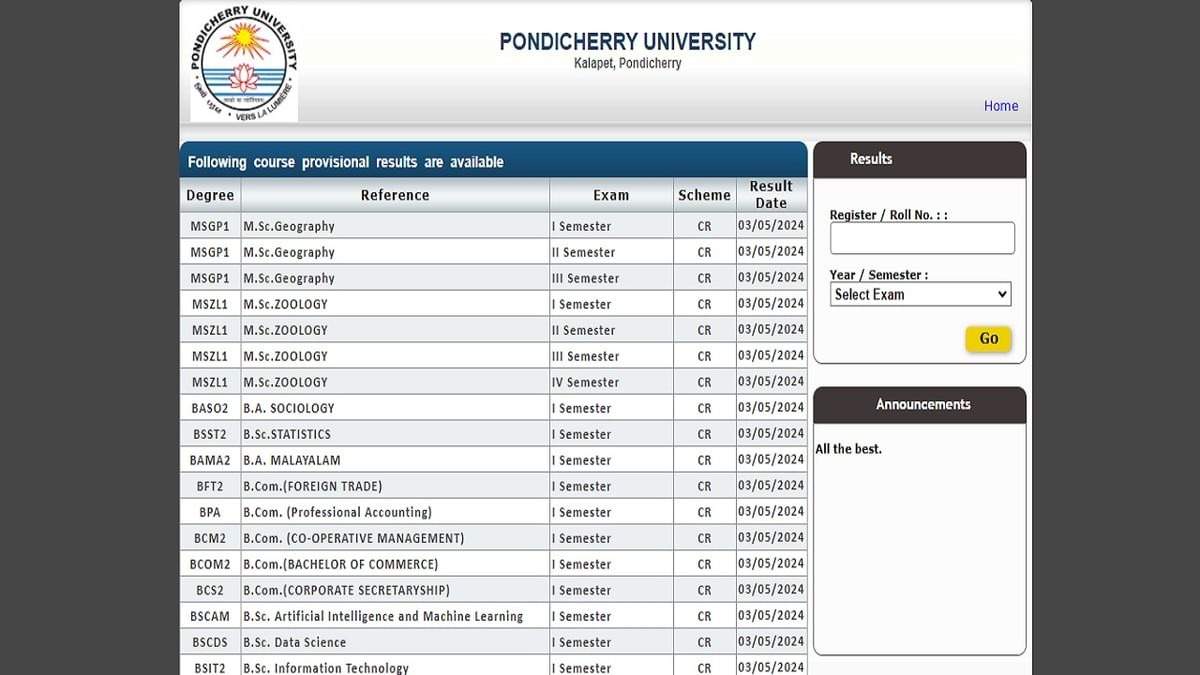 Pondicherry University Exam Results 2024: Direct Link to Download UG and PG Marksheets