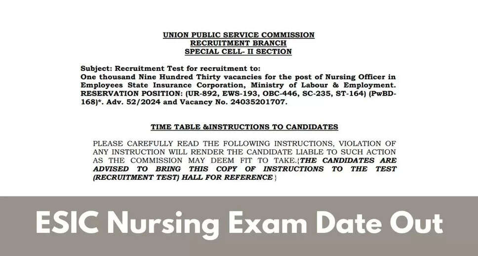 UPSC ESIC Nursing Officer Recruitment 2024: Exam Date Announced for 1930 Posts