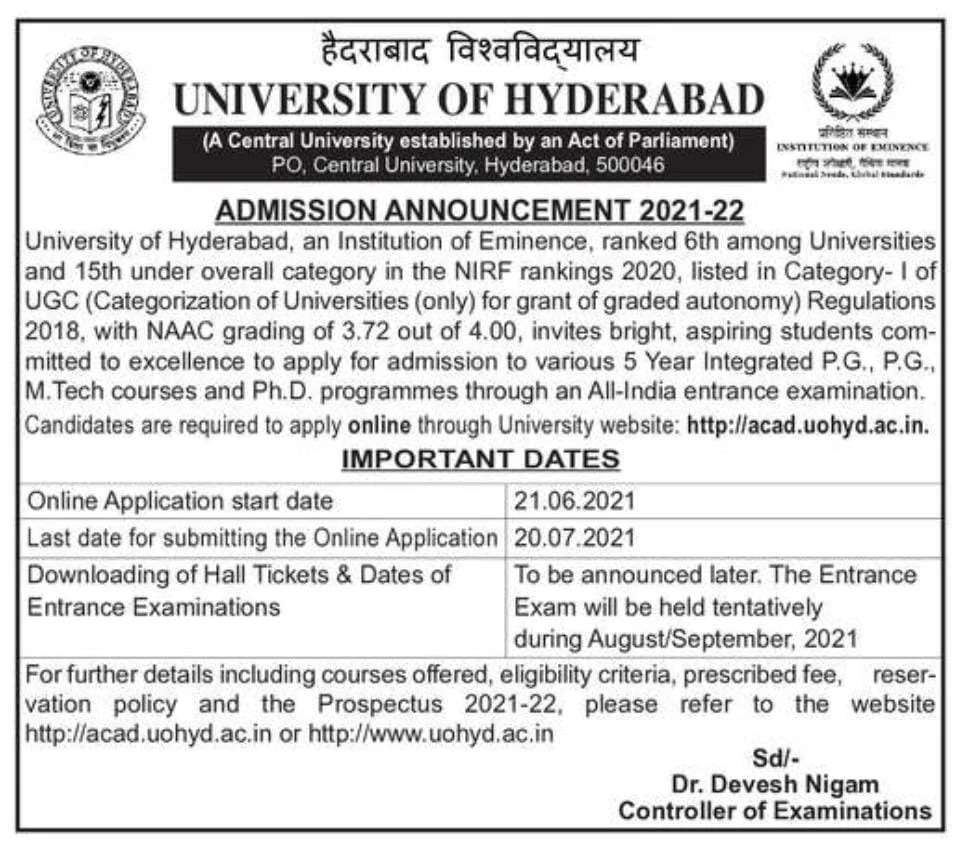 University of Hyderabad Invites Applications for MTech Admission 2024-25: Apply Now at uohyd.ac.in