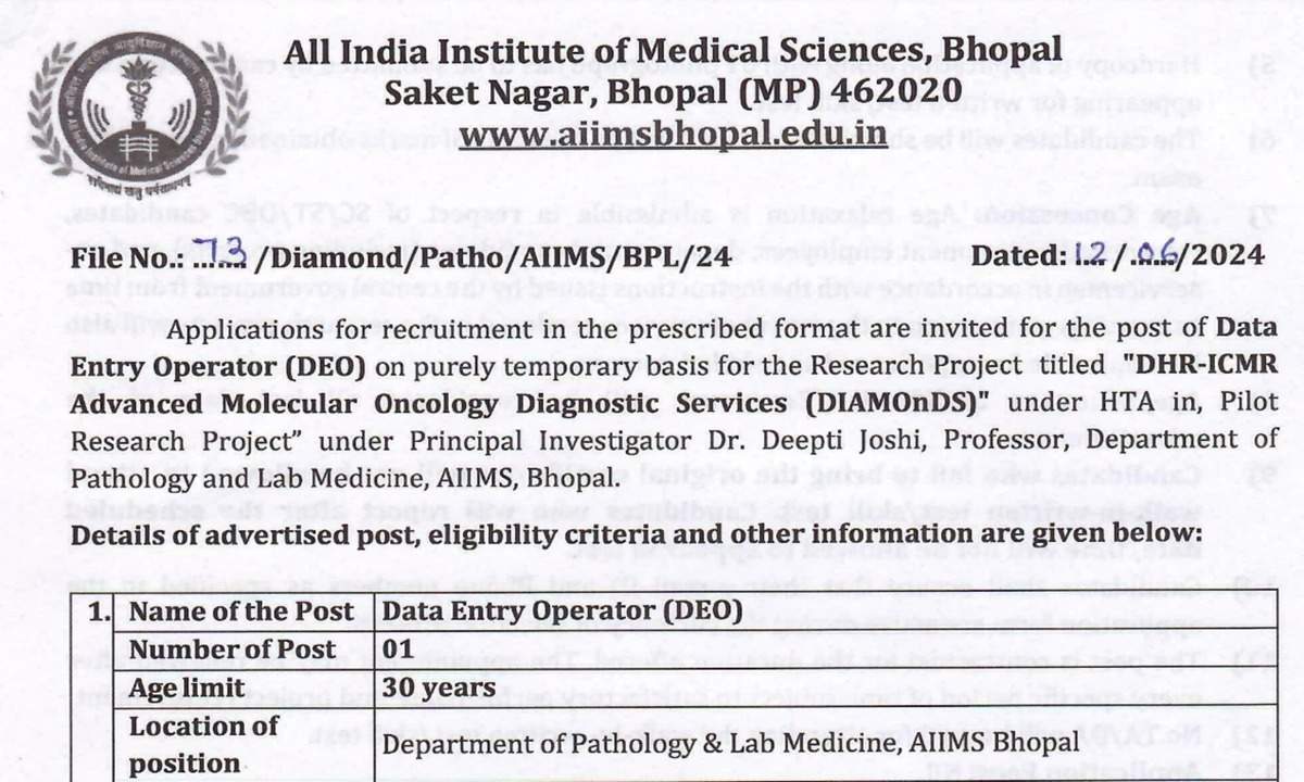 AIIMS Bhopal Releases 2024 Recruitment Notification: Educational Qualification and Walk-in Details