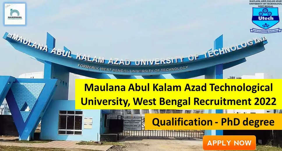 Government Jobs 2022 - Maulana Abul Kalam Azad Technological University, West Bengal (WBUT) has invited applications from young and eligible candidates to fill the post of Guest Faculty. If you have obtained PhD degree and you are looking for government job for many days, then you can apply for these posts. Important Dates and Notifications – Post Name - Guest Faculty Total Posts – Last Date – 20 September 2022 Location - West Bengal Maulana Abul Kalam Azad Technological University, West Bengal (WBUT) Post Details 2022 Age Range - The minimum age and maximum age of the candidates will be valid as per the rules of the department and age relaxation will be given to the reserved category. salary - The candidates who will be selected for these posts will be given salary as per the rules of the department. Qualification - Candidates should have PhD degree from any recognized institute and have experience in the relevant subject. Selection Process Candidate will be selected on the basis of written examination. How to apply - Eligible and interested candidates may apply online on prescribed format of application along with self restrictive copies of education and other qualification, date of birth and other necessary information and documents and send before due date. Official Site of Maulana Abul Kalam Azad Technological University, West Bengal (WBUT) Download Official Release From Here Get information about more government jobs in West Bengal from here