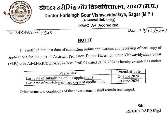 Dr. Harisingh Gour Vishwavidyalaya, Sagar: Recruitment Notice for Assistant Professor Vacancies, Apply Now