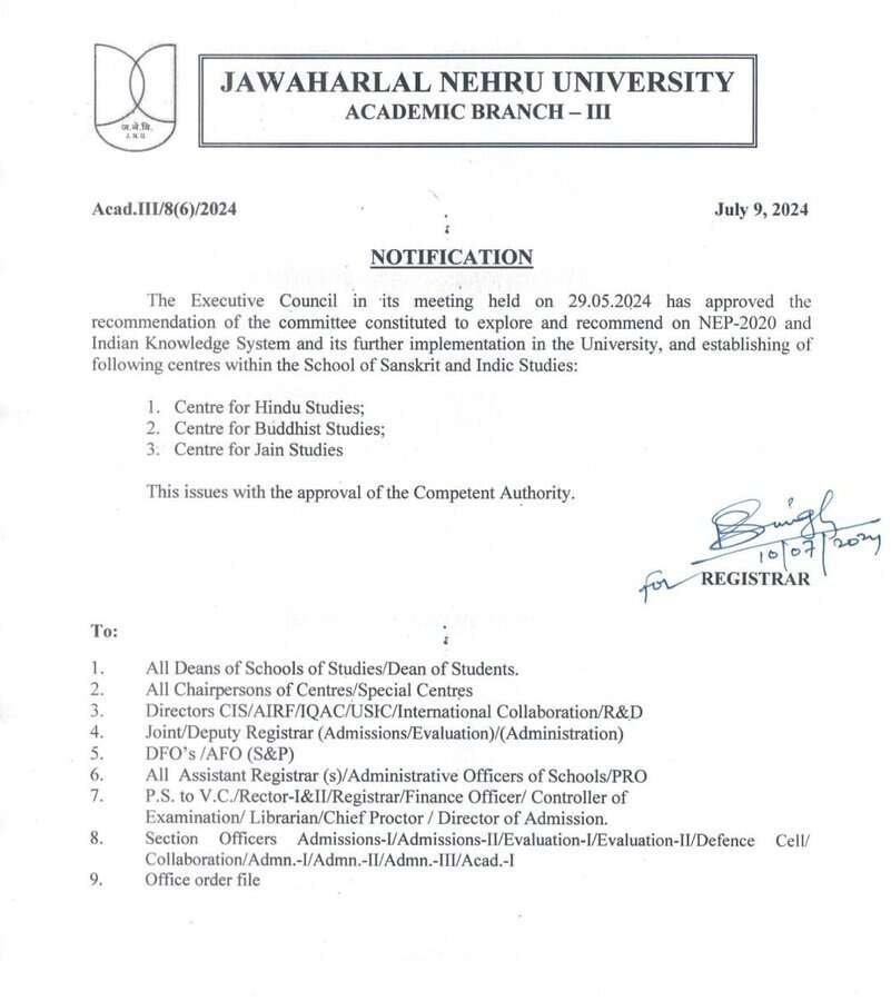 JNU to Establish 3 New Study Centers Focusing on Hindu, Buddhist, and Jain Studies