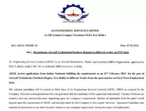 AI Engineering Services Limited Announces Aircraft Technician & Technician Recruitment – Apply Now