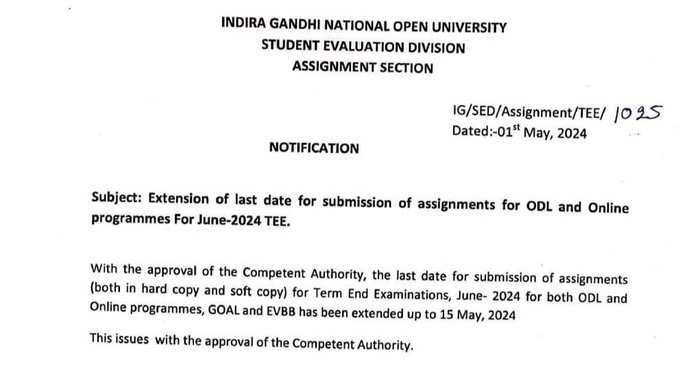 IGNOU June 2024 TEE Assignment Submission Deadline Extended to May 15: Check Details
