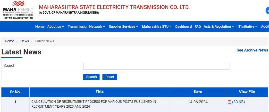 MAHATRANSCO Cancels Notification for Technician-II (Transmission System) 2024