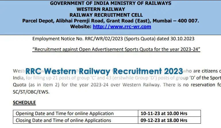 Western Railway Announces Recruitment for 64 Group C Posts, Apply Before December 19