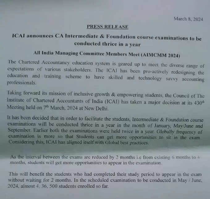 ICAI's Key Decision: CA Foundation and Intermediate Exams to be Held Three Times a Year