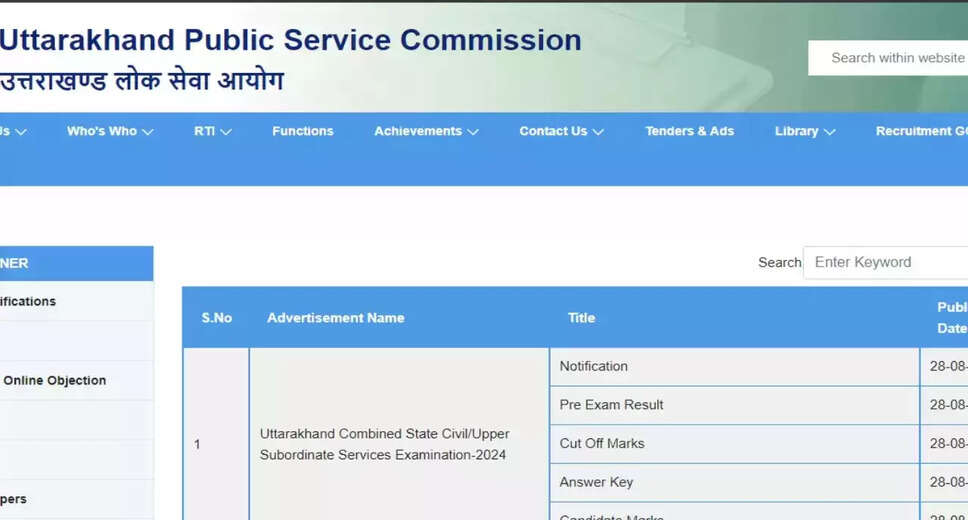 UKPSC 2024 Upper Subordinate Services Exam: Prelims Results and Answer Key Released