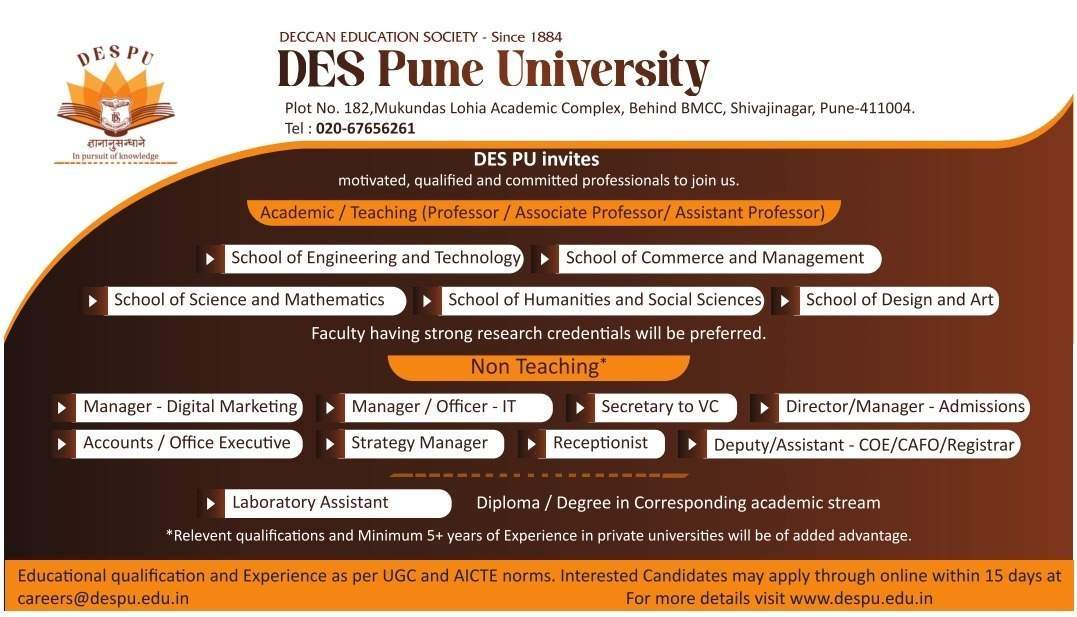 DES Pune Recruitment 2024: Walk-in Interview for 137 Teacher Posts