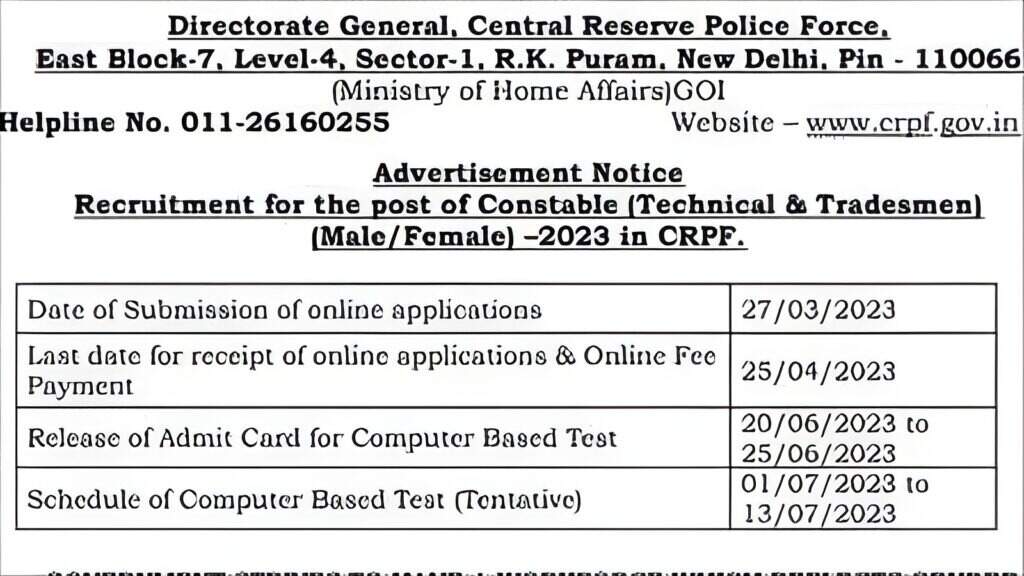 CRPF Constable (Technical & Tradesmen) Exam 2023: PST/PET Dates Released